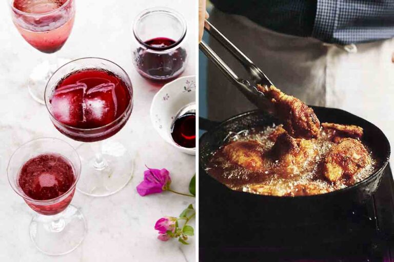 Images of 2 Juneteenth recipes -- hibiscus cocktail and fried chicken.