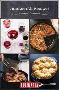 Images of four Juneteenth recipes -- hibiscus cocktail, fried chicken, tomato ricotta pie, and peach cobbler.