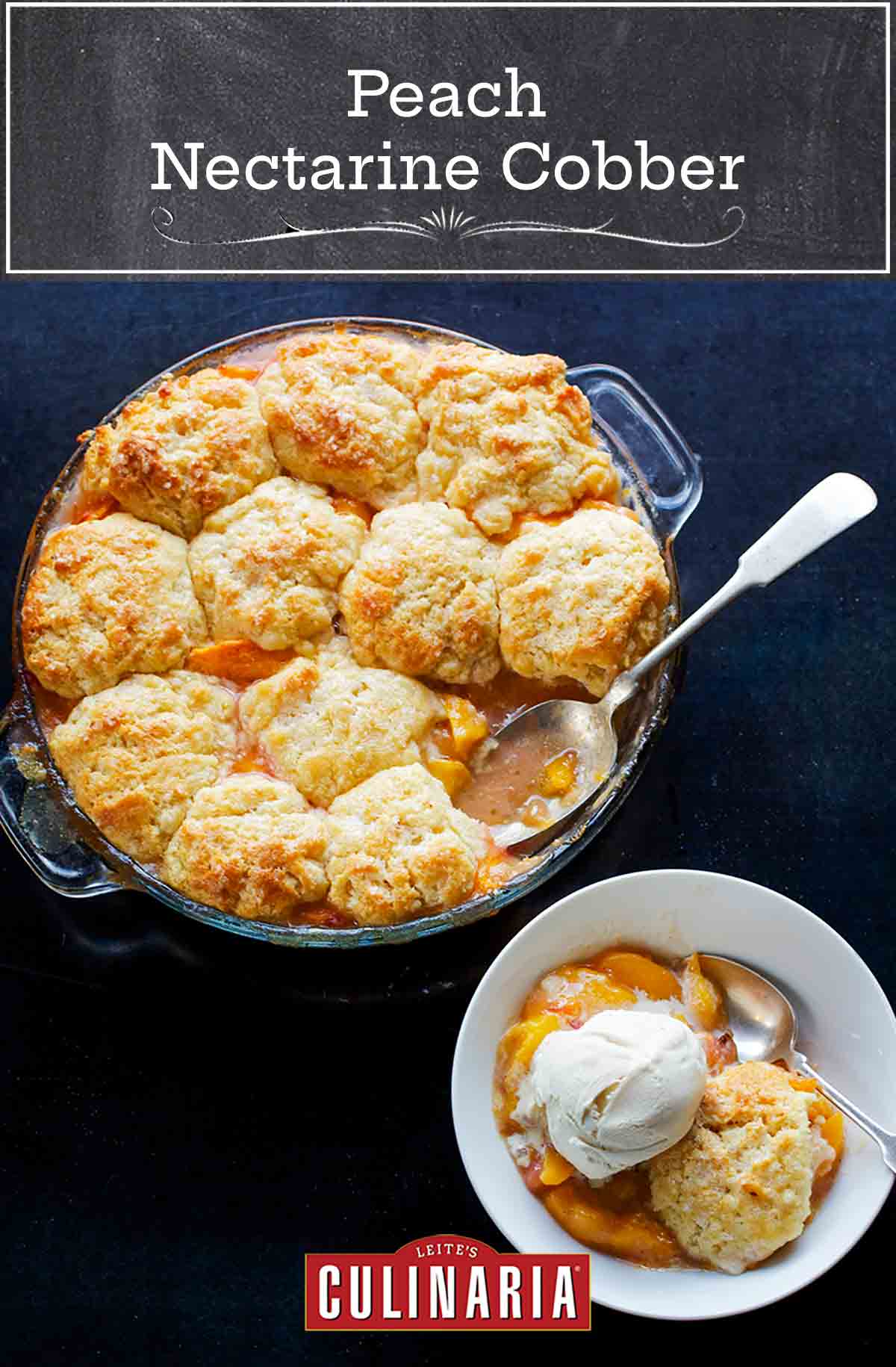 A glass baking dish filled with peach nectarine cobbler with a spoon resting inside and a bowl of cobbler with ice cream on the side.