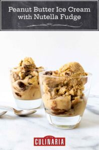 Two glasses filled with peanut butter ice cream with Nutella fudge swirled through and two spoons on the side.