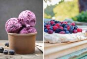 Images of blueberry ice cream and mixed berry pavlova.