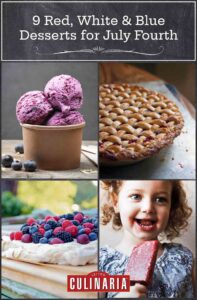 Images of blueberry ice cream, cherry pie, mixed berry pavlova, and a girl eating a strawberry ice pop.