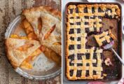 Images of 2 summer fruit pies -- fresh peach pie and blueberry slab pie.