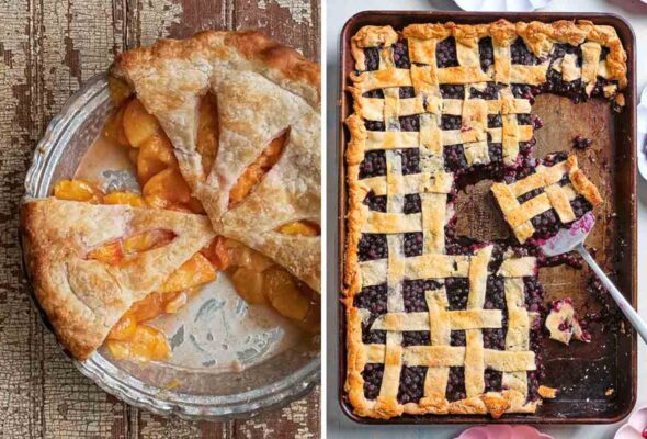 Images of 2 summer fruit pies -- fresh peach pie and blueberry slab pie.