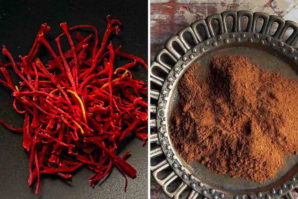 Images of saffron threads and a pile of cinnamon on a pewter plate.