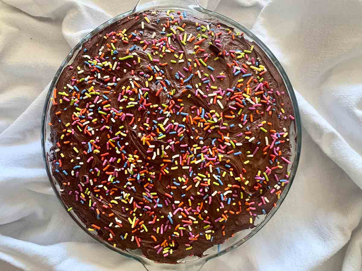 A chocolate wacky cake with chocolate frosting and sprinkles in a glass pie plate.