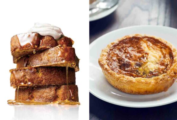 Images of banana bread French toast and mini quiche for one.
