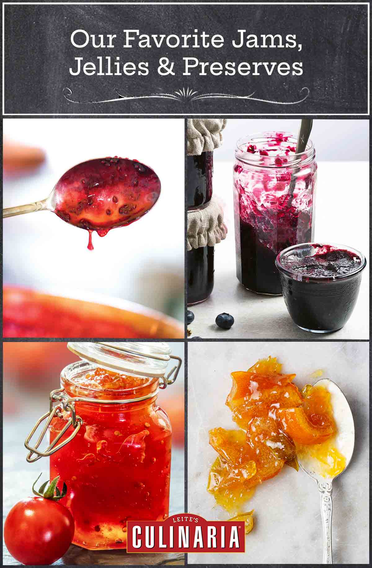 Images of raspberry jam, small batch blueberry jam, tomato jelly, and citrus marmalade.