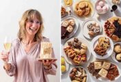 Two photos: left: Jessie Sheehan, right: a selection of deeserts from her book, Snackable Bakes