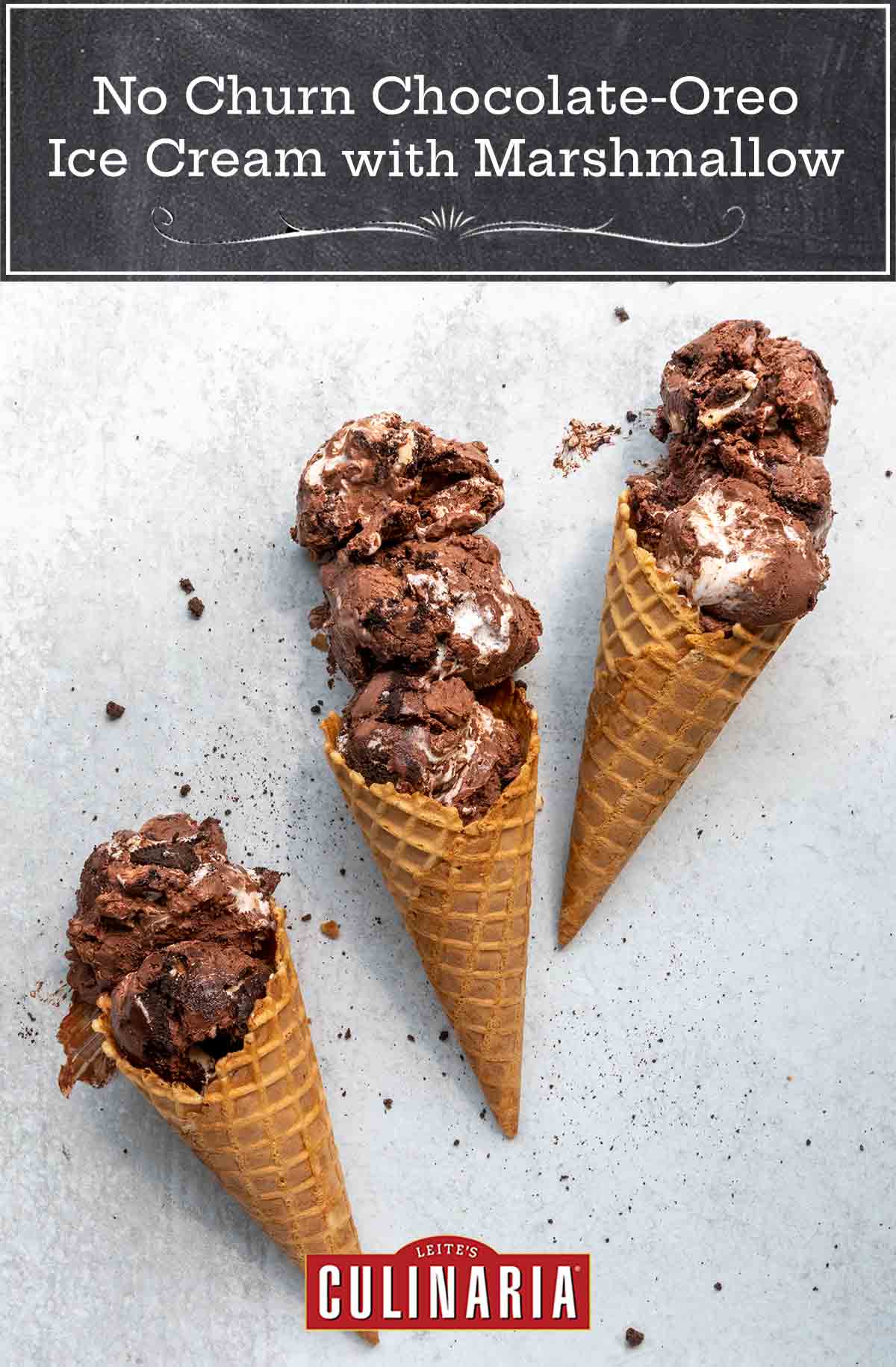 Three waffle cones, each filled with two or three scoops of chocolate Oreo ice cream.