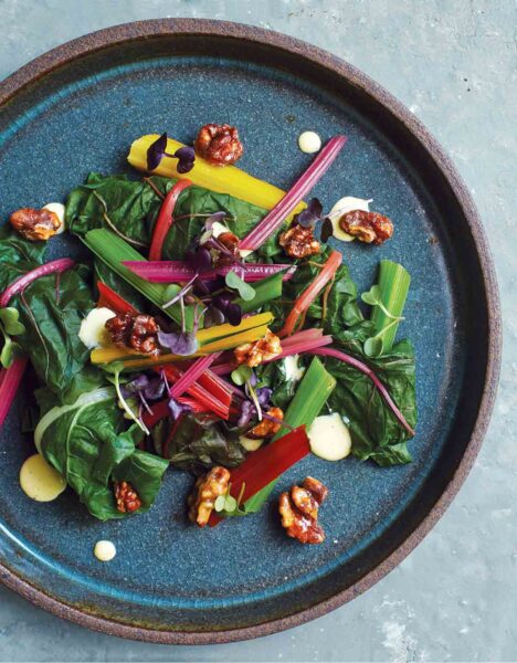 A round blue plate topped with rainbow chard salad, candied nuts, and creamy dressing.