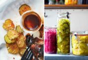 Images of barbecue pickles and three jars of Israeli pickles.