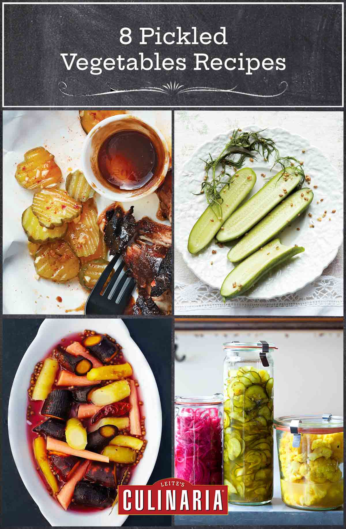 Images of bbq pickles, quick dill pickles, pickled carrots, and three jars of Israeli pickles.