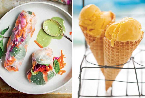 Images of veggie summer rolls with peanut dipping sauce and two cones filled with mango frozen yogurt.
