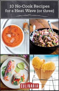 Images of gazpacho soup, tuna salad, veggie summer rolls, and cones filled with mango frozen yogurt.