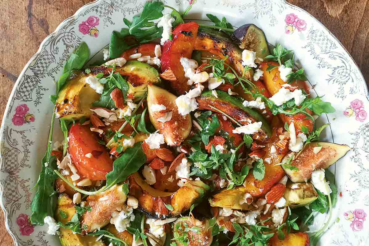 Grilled Avocado and Peach Salad with Goat Cheese