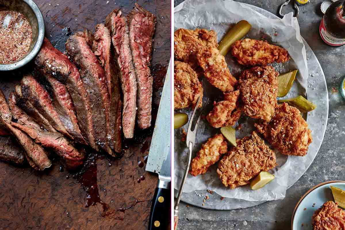 Images of sliced grilled steak and a plate of fried chicken with dill pickle wedges.