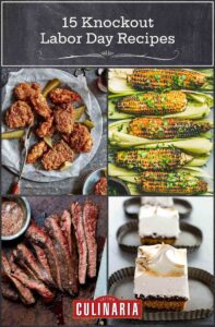 Images of fried chicken, grilled corn on the cob, sliced grilled steak, and individual s'more bars.