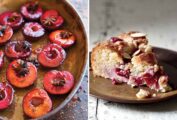 Images of roasted plums in a pan and a slice of plum almond cake on a plate.