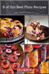 Images of a whole plum torte, a slice of plum almond cake on a plate, roasted plums in a pan, and jars of preserved stone fruits.