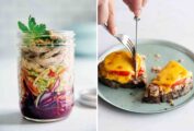 Images of chicken salad in a jar and a person cutting a tuna melt in half.