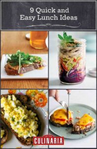 Images of a peanut butter and arugula sandwich, chicken salad in a jar, egg salad on toast, and a person cutting a tuna melt.