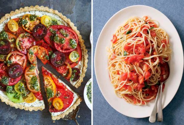 A fresh tomato tart with a slice being removed and an oval platter of spaghetti mixed with fresh tomatoes.