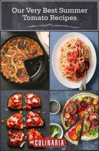 Images of four tomato recipes - tomato ricotta pie, spaghetti with tomatoes, watermelon and tomato bruschetta, and fresh tomato tart.