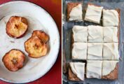 Images of apple chips on a plate and an apple cake with cream cheese frosting, cut into 12 squares.