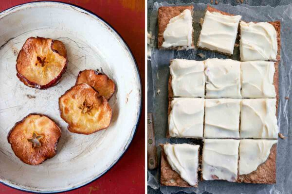 Images of apple chips on a plate and an apple cake with cream cheese frosting, cut into 12 squares.