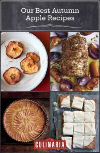 Images of apple chips on a plate, roast pork loin, an apple tart, and a frosted apple cake, cut into 12 squares.
