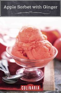 A few scoops of apple sorbet in a glass dish.