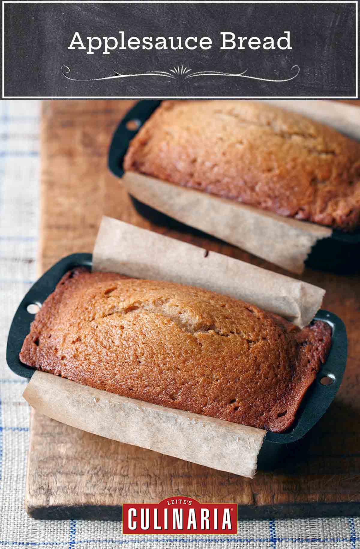 A loaf of applesauce bread in a parchment-lined loaf pan.