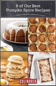 A glazed pumpkin pound cake, 12 pumpkin muffins in parchment cups, a stack of pumpkin spice cookies, and a loaf pan filled with pumpkin pie babka.