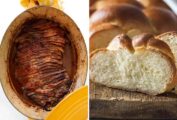 Images of braised brisket in a yellow Dutch oven, and sliced challah on a wooden board.