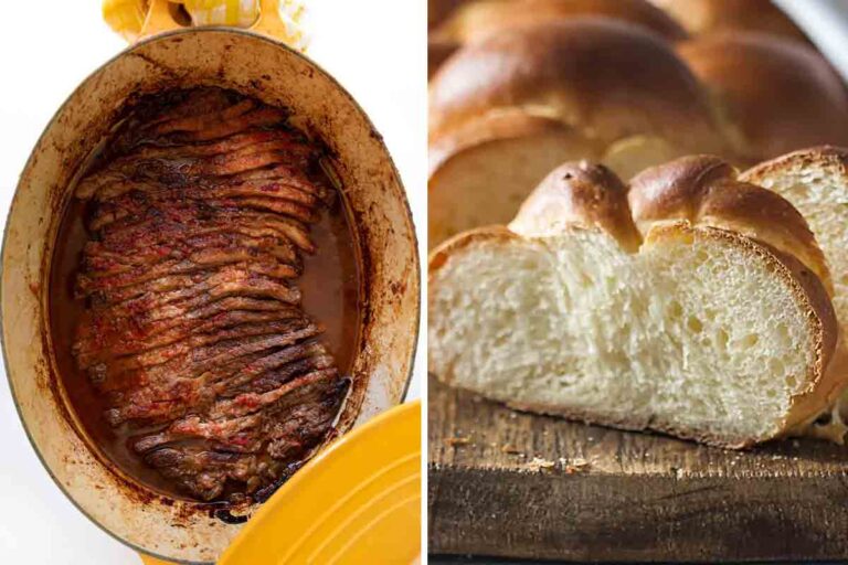 Images of braised brisket in a yellow Dutch oven, and sliced challah on a wooden board.