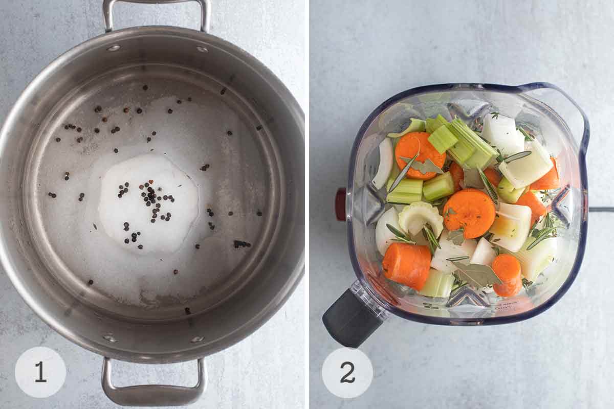 A large pot filled with water, salt, and peppercorns for a brine, and a blender with carrots, celery, leeks, onion, and herbs.