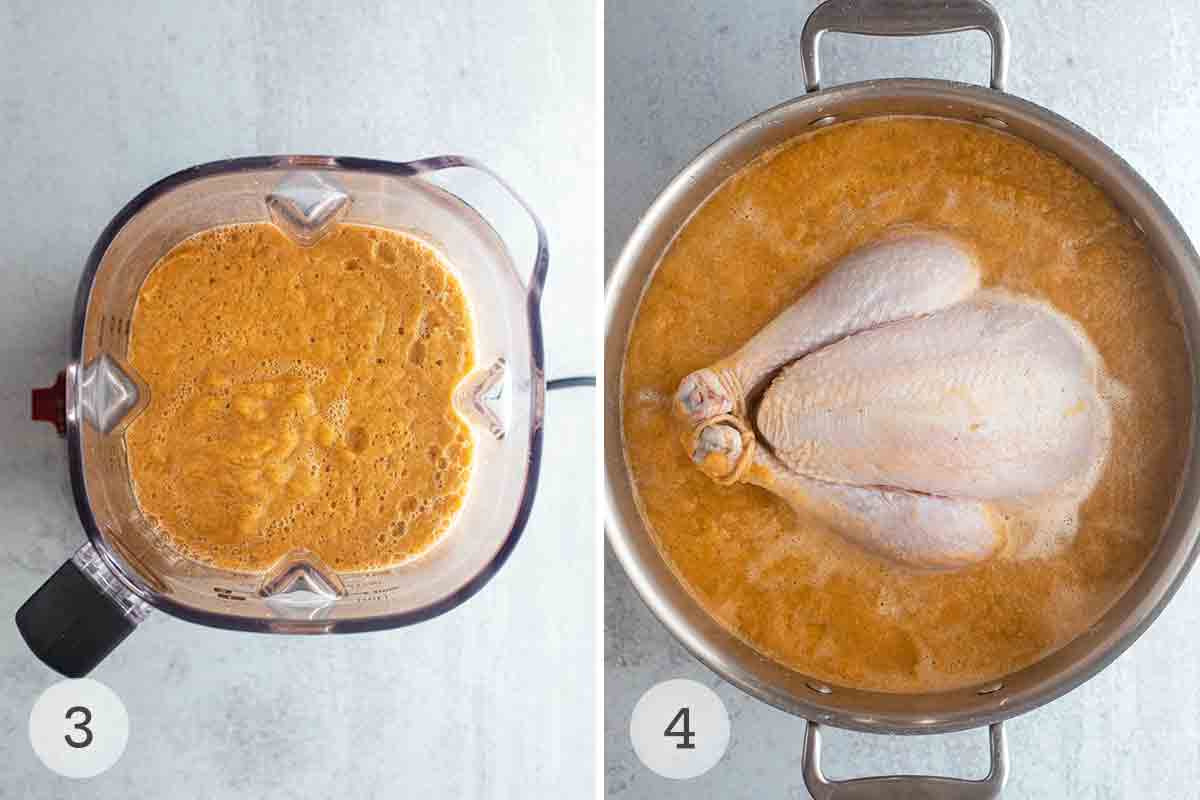 Pureed vegetable brine in a blender and a pot filled with vegetable brine with a partially submerged chicken in it.