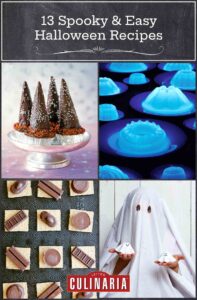 Four wizard hats cupcakes on a cake stand, plates of glow in the dark jello molds, mini candy bars on graham crackers, and a child dressed as a ghost holding two ghost cupcakes.
