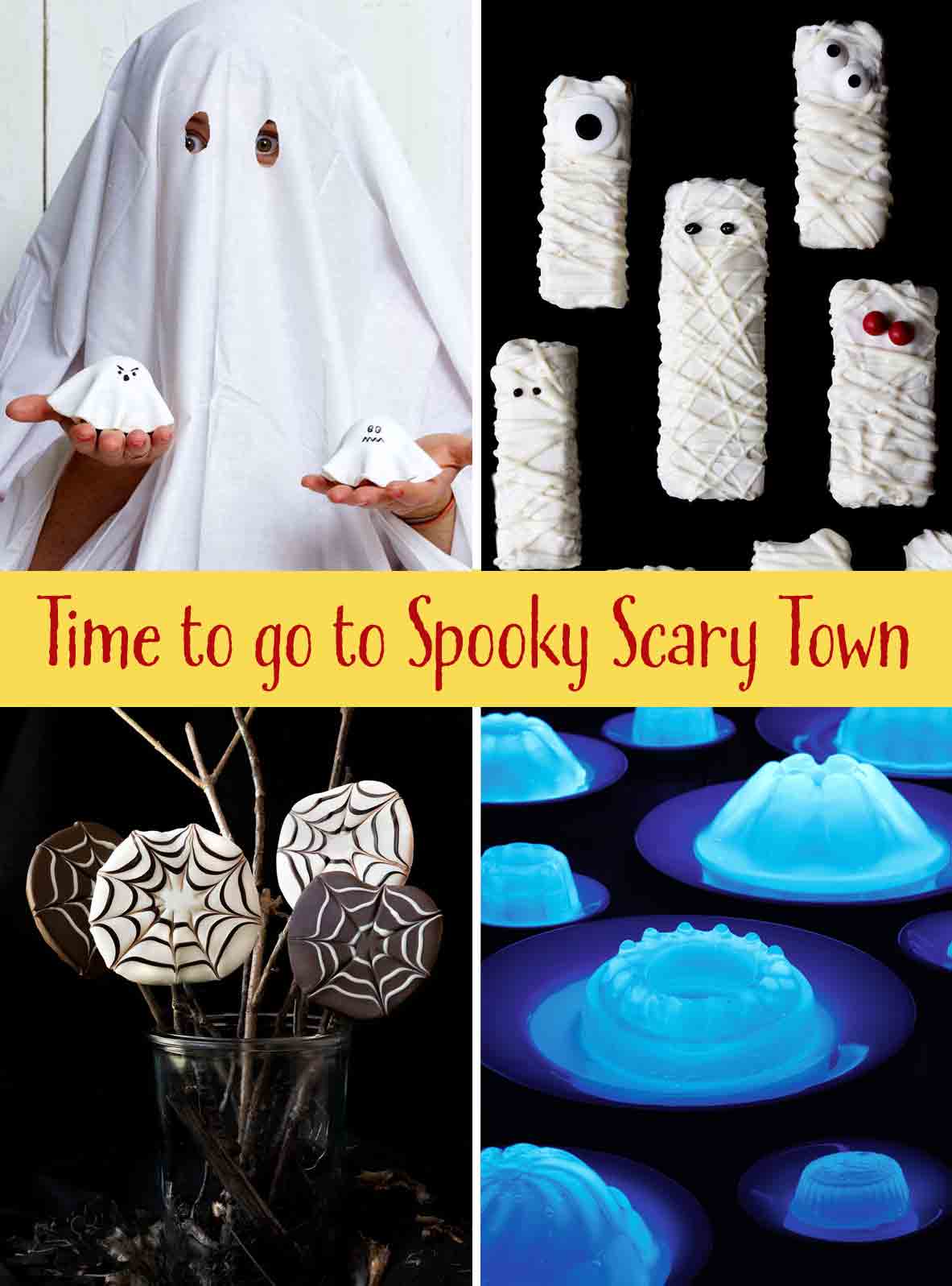 A child dressed as a ghost holding ghost cupcakes, several mummy Rice Krispies treats, a jar of spider web chocolate covered apples, and several plates of glow-in-the-dark jello.