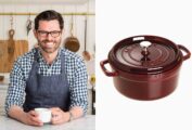 John Kanell on the left leaning against a counter on the left; a Staub Dutch oven on the righ.