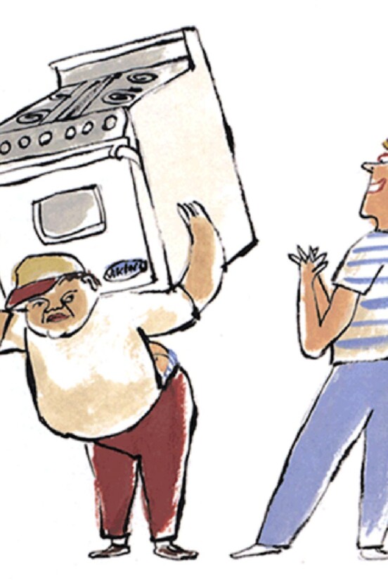 An illustration of a workman with a stove on his back; a man standing beside him applauding.