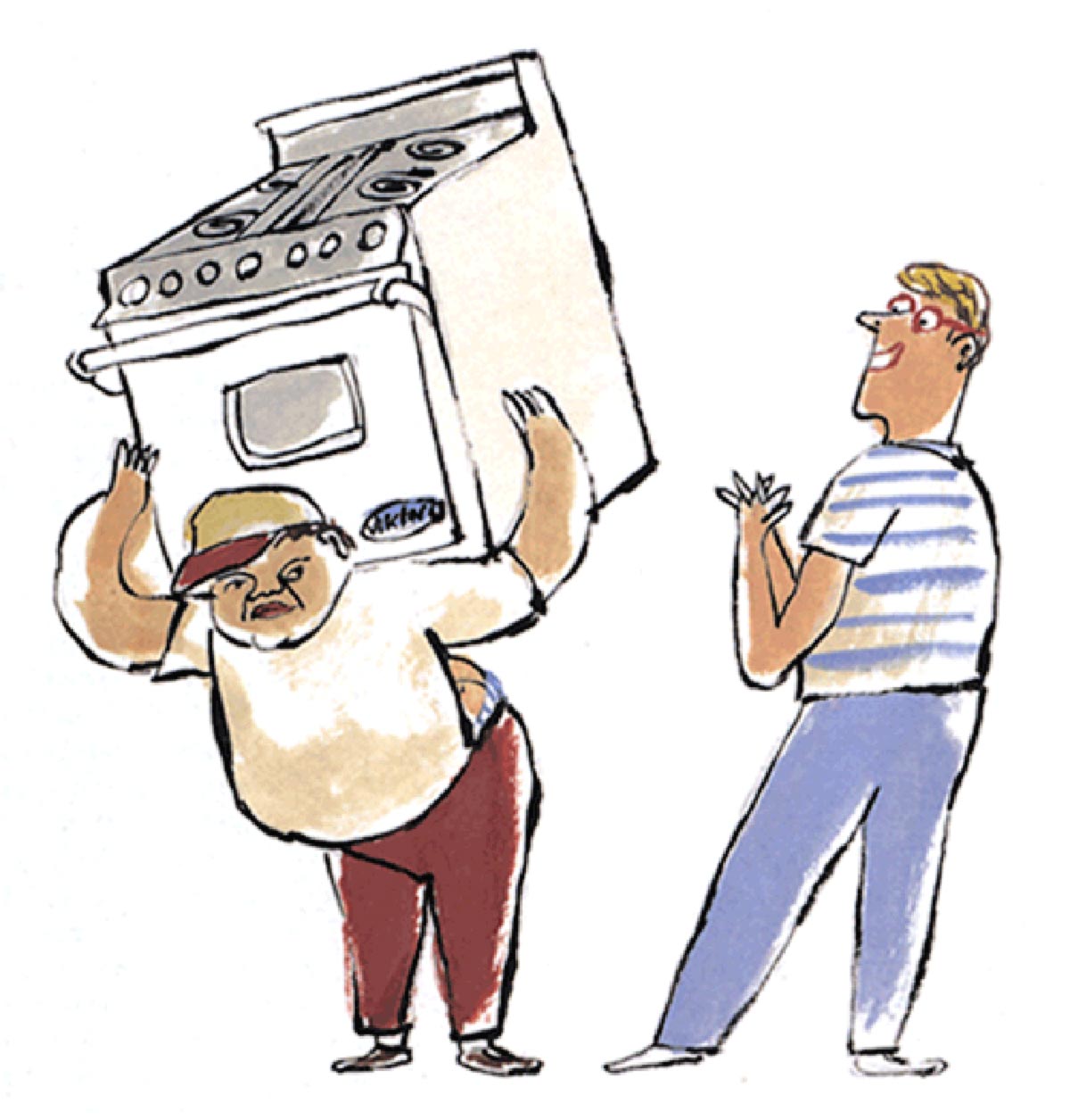 An illustration of a workman with a stove on his back; a man standing beside him applauding.