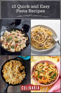 En stekpanna med krämig pasta, en vit skål med bucatini med korv och en stekpanna med krämig pumpapasta och en rosa skål med spagetti, räkor och sparris i.