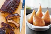 A slab of slow cooker ribs on a cutting board with a knife beside them and a bowl of poached pears.