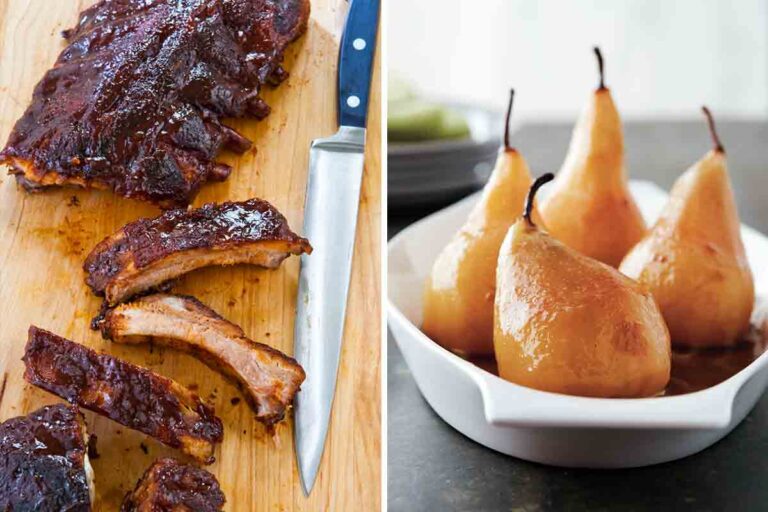 A slab of slow cooker ribs on a cutting board with a knife beside them and a bowl of poached pears.