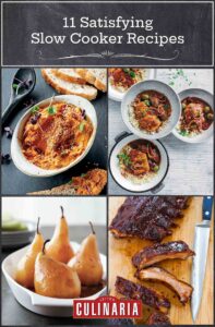 A bowl of sweet potato hummus, four bowls of slow cooker chicken tagine, a white bowl with four poached pears and a slab of ribs with a knife beside them.