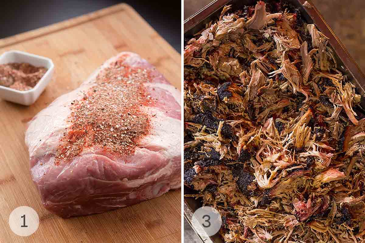 A piece of pork butt with spices on top and shredded pork in a roasting pan.