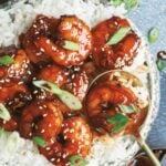 Glazed shrimp on top of rice and garnished with scallions, with a gold spoon scooping some from the bowl.