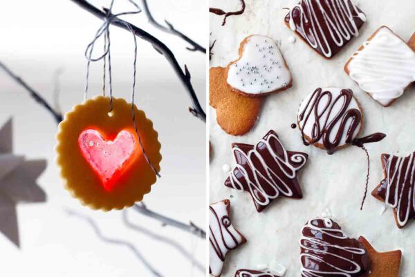 Two types of Christmas cookies: a stained glass cookie hanging from a branch; heart-and star-shaped cookies coated in glaze.
